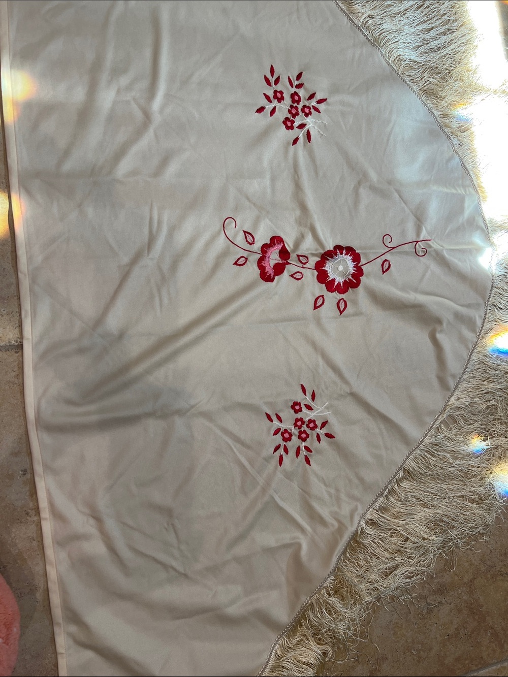 Cream Tree Scarf with Red Floral Embroidery